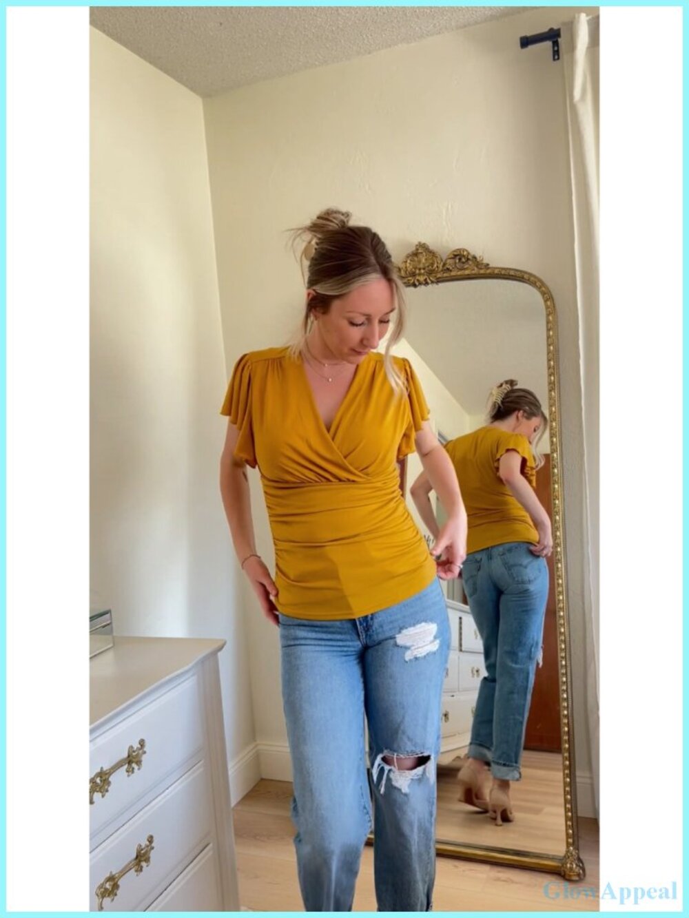 Women's Ruffle Sleeve Wrap Blouse Ruched Slimming Top - Picture 6 of 6